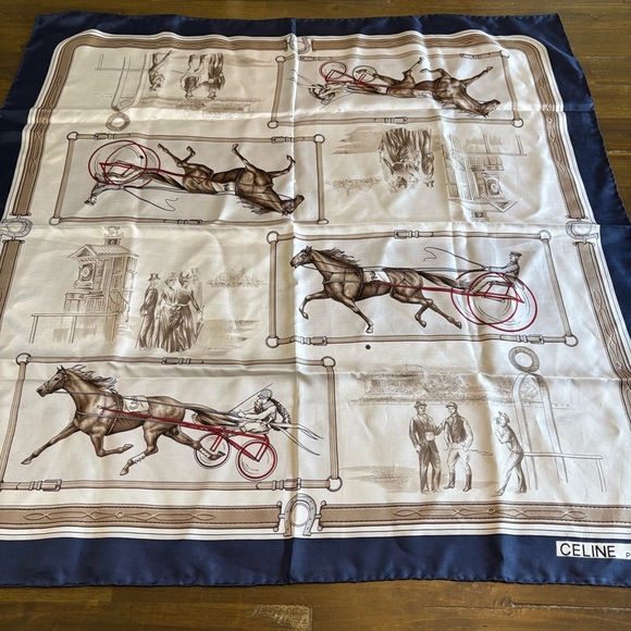 Celine Silk Scarf Horse Racing Blue Steed Riders Races Vintage Large Picture - Picture 1 of 12